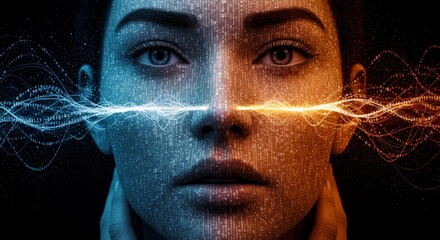 Woman: Data Flow and Transformation - Close-up of a woman's face transformed into a display, with streams of data flowing across her features. Represents technological evolution and connectivity