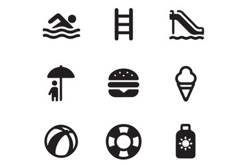 Pool and Summer Icons Representing Swimming, Relaxing, Fun, and FoodIdeal for Seasonal and Outdoor Leisure Themes Swimming Lanes Icon Set