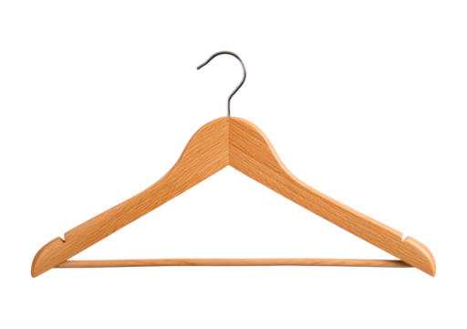 Wooden clothes hanger with metal hook on transparent background, PNG