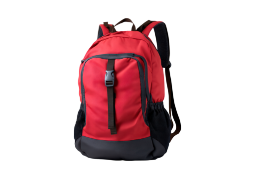 Red backpack with front pocket and black accents on transparent background, PNG