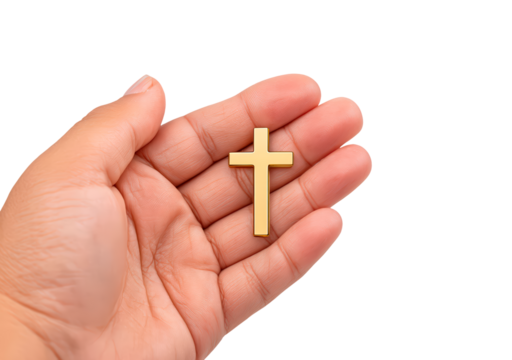 Hand holding gold cross symbolizing faith and spirituality on transparent background, PNG