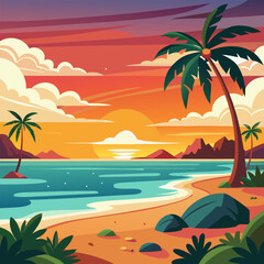 tropical beach with palm trees and sun