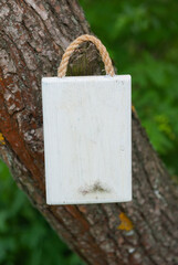 Rustic white wooden empty board hangs on tree