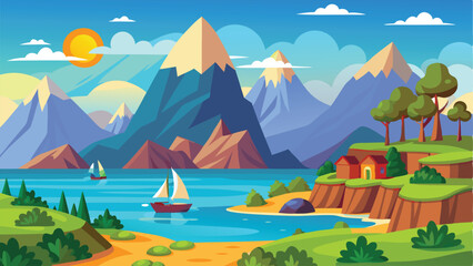 Colorful Cartoon Seascape with Mountains, Sailboats, Houses on Cliffs, and Trees Under the Sun