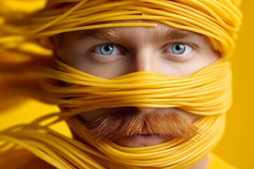 White adult man with red mustache and blue eyes wrapped in yellow spaghetti against yellow background. Concept of surreal portrait, food creativity, and visual humor in modern art.