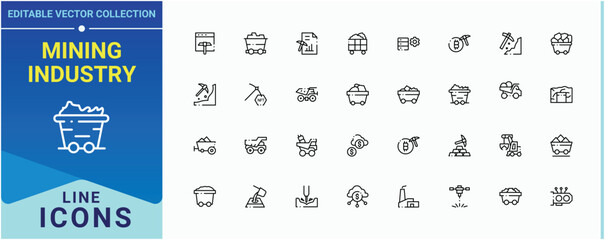 Mining Industry icon set. Containing gold, mine, pick, industry, industrial and more. Mining line icon set. Minimalist icons collection. Vector collections.