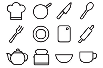 Kitchen utensil and appliance icons including teapot, fork, knife, spoon, and more, minimalistic style for modern design, icon set