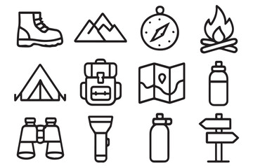 outdoor adventure icons featuring campfire, binoculars, flashlight, water bottle, and hiking essentials, icon set
