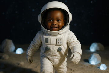 Smiling young child in a white spacesuit exploring rocky lunar surface beneath a starry night sky, expressing curiosity and wonder