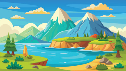 Scenic Cartoon Landscape Mountains, Blue River, Green Shores, and Clouds in the Sky
