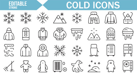 Icons for cold, ice, and winter activities in editable vector format.