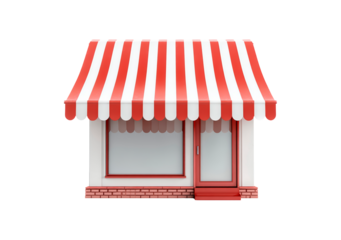 Small red and white striped awning shopfront with brick base on transparent background, PNG