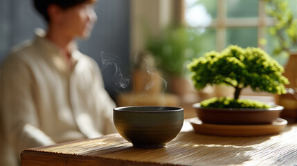 Fototapeta premium A serene moment of tranquility with a person enjoying steaming tea in a tranquil, zen-inspired setting. capturing peaceful ambiance.