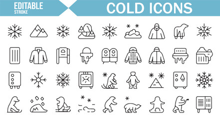 Set of editable icons for freezing weather, snowflakes, and ice-related items.
