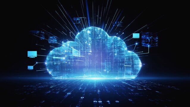 Bright blue cloud icon glows in a digital network memory environment, symbolizing cloud computing, internet protocol, data storage, and virtual connectivity in modern technology, system services.