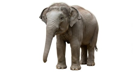 Fototapeta premium Young Asian Elephant on White Background - Adorable young Asian elephant standing on a white background. Perfect for educational materials or presentations about wildlife