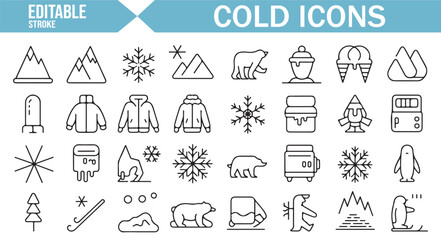 Set of icons for winter, ice, snowflakes, and cold-related elements in editable format.