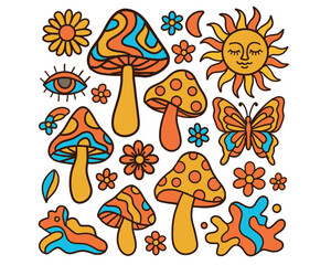 Vector set of 60s and 70s psychedelic clipart. Retro groovy mushrooms, flowers, eyes, sun, moon, butterfly. Cartoon hippie stickers. Vintage boho illustrations. Abstract trippy art