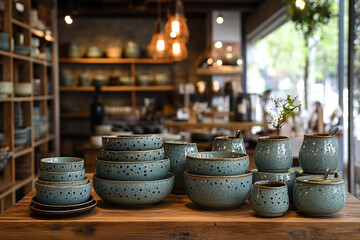 A collection of handmade ceramic dishes displayed on a wooden counter in a cozy artisanal store with warm lighting