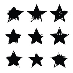 Nine black star shapes show varied textured grunge designs on a white surface