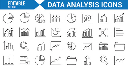 Icons for data analytics, market trends, and performance reports in editable format.