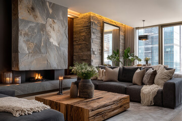 Modern living room with stone accent wall and cozy fireplace