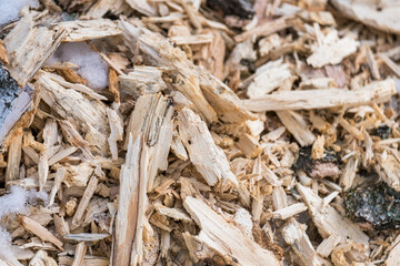 A pile of wood chips with a few pieces of bark on top