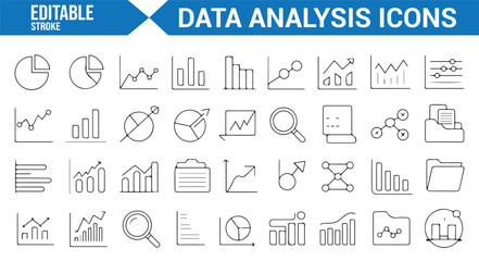 Set of editable icons for analytics, data visualization, and business reports.