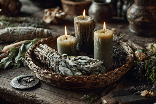 burning candles, amulet of moon, ears and wild herbs in basket on table, abstract natural background. Pagan Wiccan tradition. Witchcraft, esoteric spiritual ritual for lammas, mabon or Litha sabbath