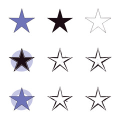 A collection of nine stylized star symbols showcases different styles and colors on white