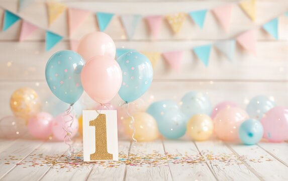 Festive first birthday party decorations with pastel balloons and confetti. - Powered by Adobe