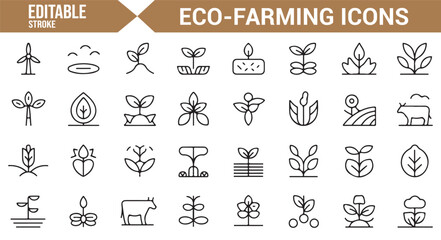 Editable eco-farming icons including wind turbines, crops, and farm animals.