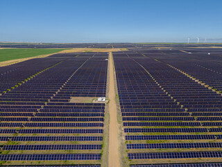 Aerial view of a solar power plant near travers Alberta. This facility is the largest in Canada and...