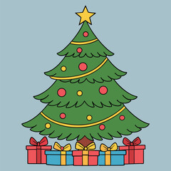 Fototapeta premium Colorful illustrated christmas tree decorated with ornaments and gift boxes below