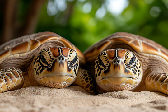 Two sea turtles resting on a sandy beach, close-up. Turtles are gazing forward with focused expressions in a tropical setting.
