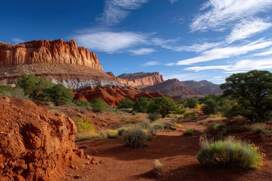 Desert landscape featuring red rock formations sparse vegetation and a blue sky with wispy clouds