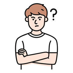 Puzzled young man with arms crossed and a question mark appears above his head