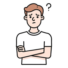 Brownhaired man with folded arms appears unsure beneath a question mark above him