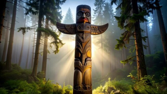 Tall totem pole stands in a misty forest with rays of sunlight piercing through the trees, creating a mystical environment.