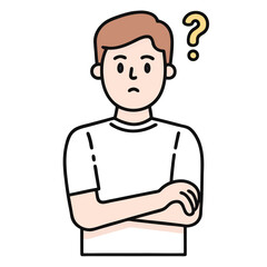 Cartoon caucasian man with folded arms looks puzzled with question mark above his head