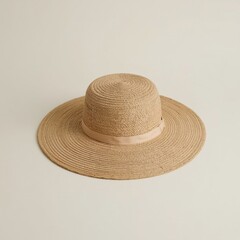 A single straw beach hat placed on a smooth, light-colored studio background