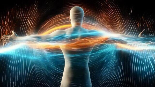 Human electromagnetic field: invisible energy, dynamic aura, subtle force, personal shield, bioelectric charge, magnetic presence, vital energy, spiritual resonance, energetic glow.