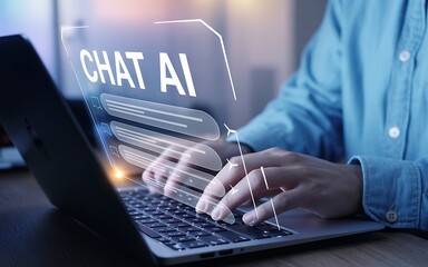 Person typing on a laptop with chat ai overlay on screen showing ai conversation interface display
