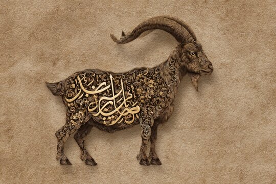 Detailed goat illustration with Arabic script  floral patterns on parchment - Powered by Adobe