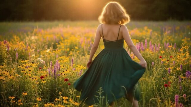 Woman in green dress twirling in wildflower meadow at sunset