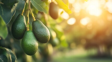 Fresh green avocados hanging from a branch in a sunlit orchard, surrounded by lush leaves, showcasing the beauty of nature and the agricultural process of fruit cultivation