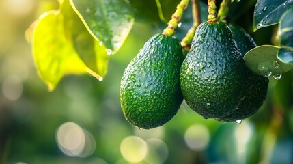 Fresh green avocados hanging from a tree branch, surrounded by lush leaves, glistening with morning dew, showcasing the beauty of nature and healthy food options