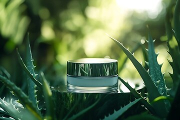 Cosmetic cream packaging container on natural green aloe vera plant background. Organic skin care beauty product concept