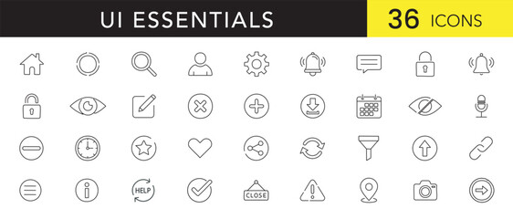 UI Essentials Line Art Icon Set – Minimal Outline Icons for User Interface Design and Web Applications