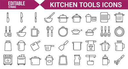 Vector icons for cooking utensils, kitchen gadgets, and meal preparation tools.

